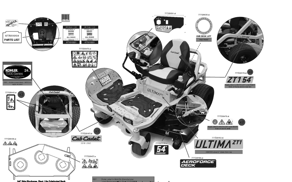 Label Map Diagram and Parts List for ZT1-54KH (17RREACM010)(2021) Cub Cadet Lawn Tractor